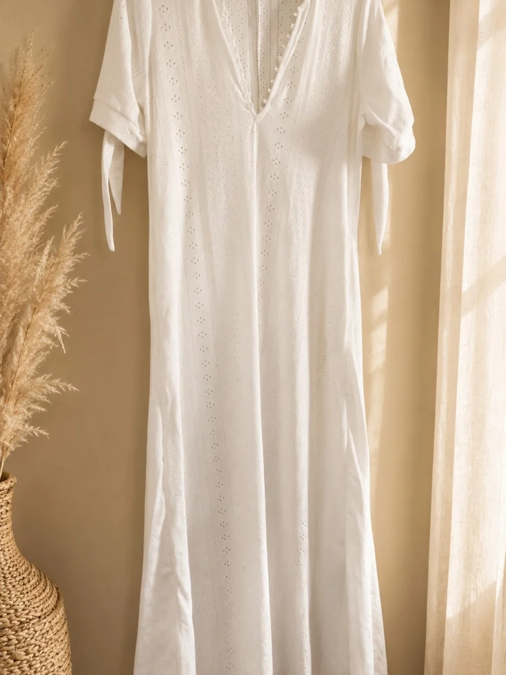 White Eyelet V-Neck Cotton Chemise with Tie Sleeves